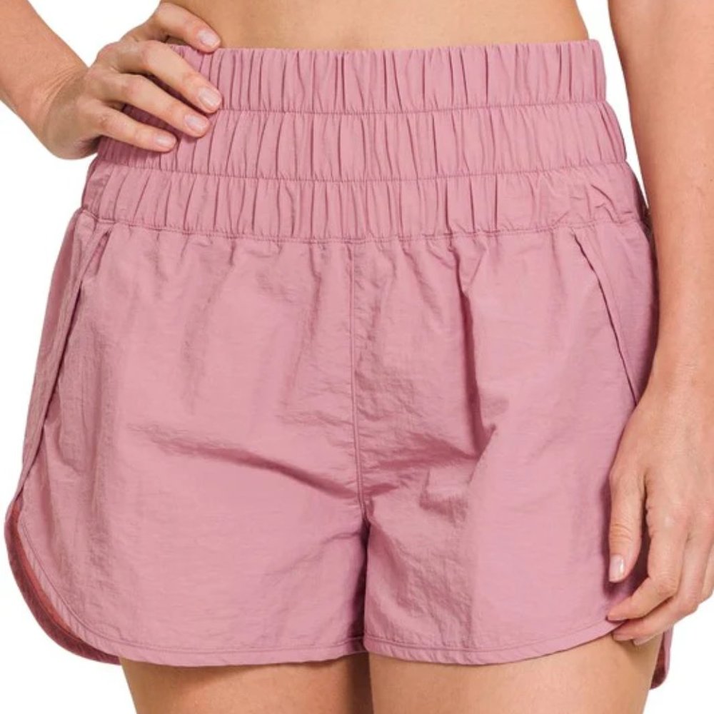 ZENANA WINDBREAKER SMOCKED WAISTBAND RUNNING SHORTS